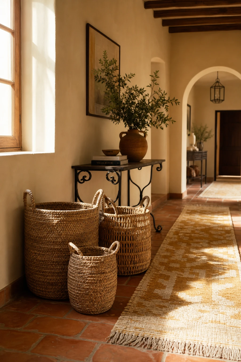Mediterranean hallway with woven baskets grouped on a terracotta tiled floor, whitewashed walls painted Farrow & Ball Cord, arched doorway and warm afternoon light