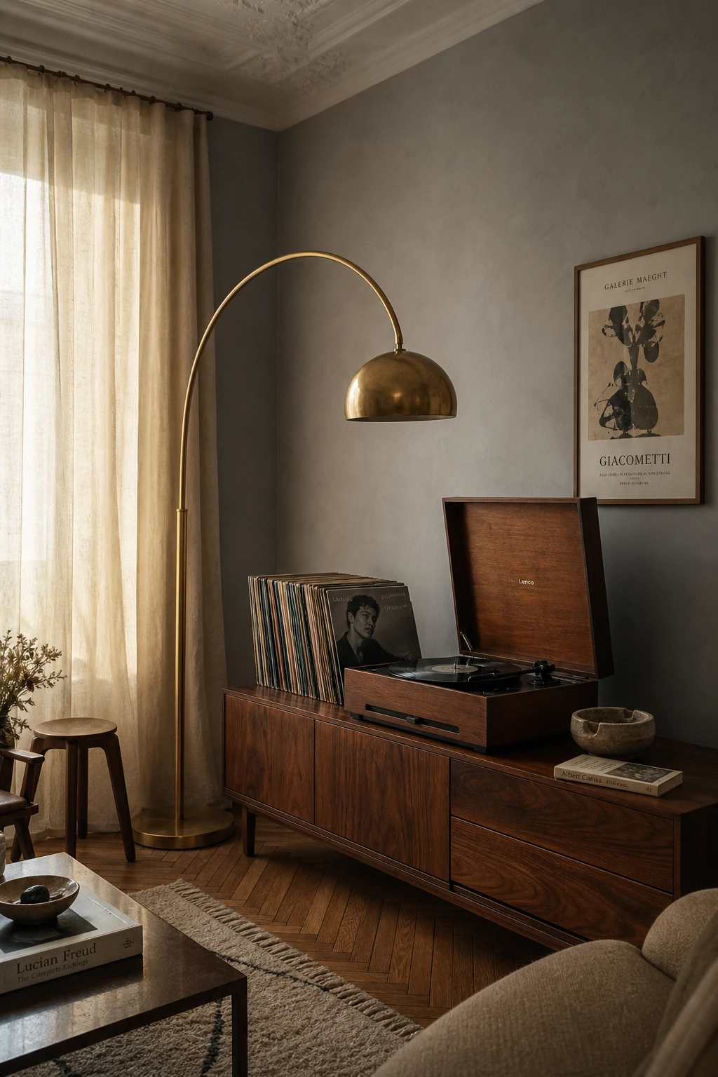 Mid century Parisian living room corner vignette with a teak record player on a low credenza, cool neutral Dimpse walls, warm afternoon light
