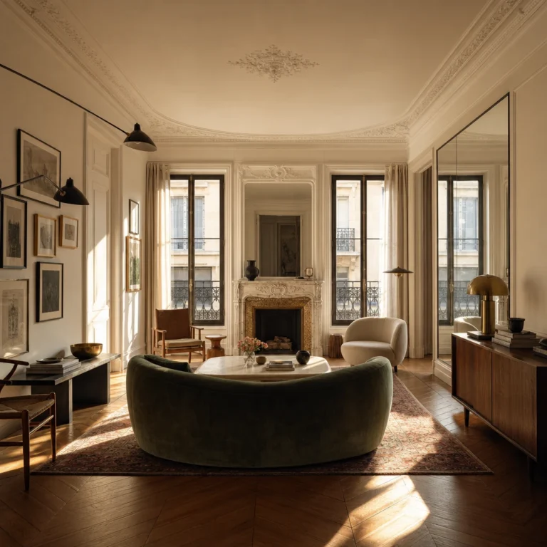 Mid century Parisian living room with plaster cornices, herringbone parquet, a marble fireplace, curved green velvet sofa, Persian rug, and a sculptural wall lamp in warm late afternoon light.