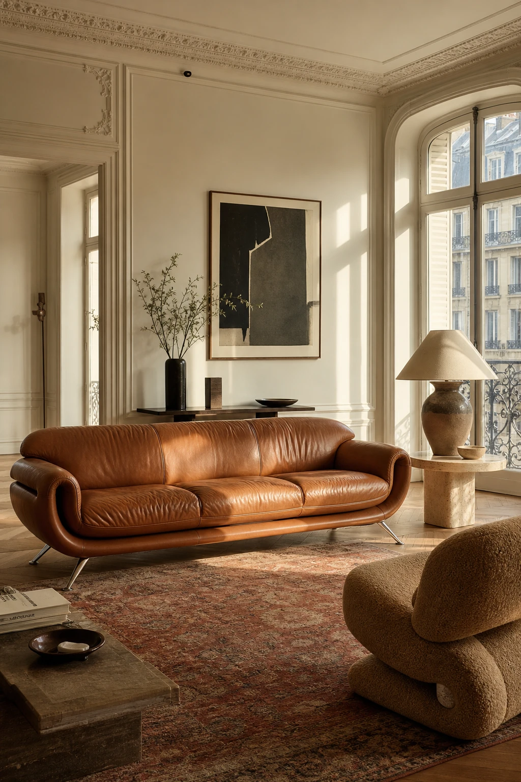 Mid Century Parisian living room with 70s Italian mod furniture as the hero, warm neutral walls, sculptural seating, and afternoon light through tall windows