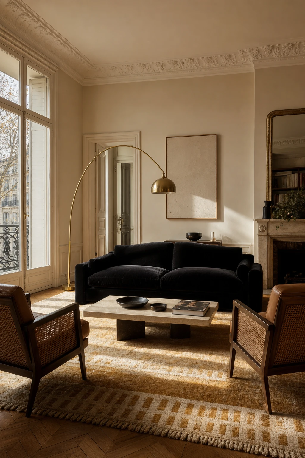 Mid century Parisian living room with a black sofa as the anchor, warm Skimming Stone walls, parquet floor, and sculptural lighting overhead