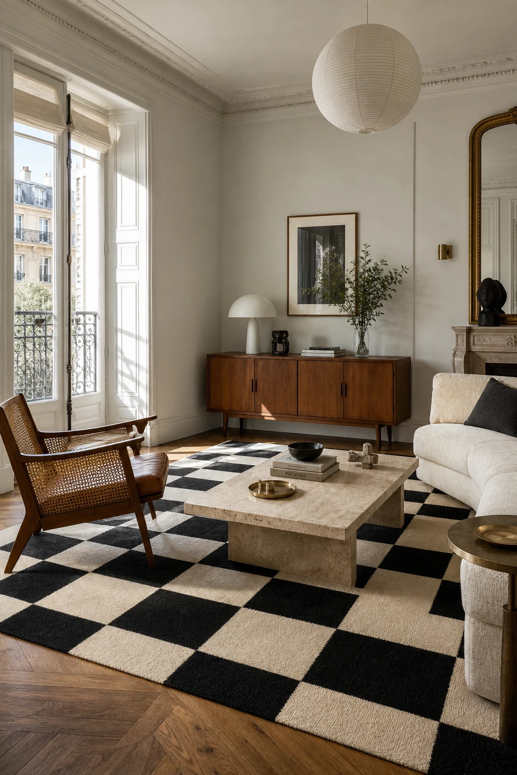 Mid century Parisian living room with a bold checkered rug as the hero, Cornforth White walls, cane armchair, travertine coffee table and tall casement windows