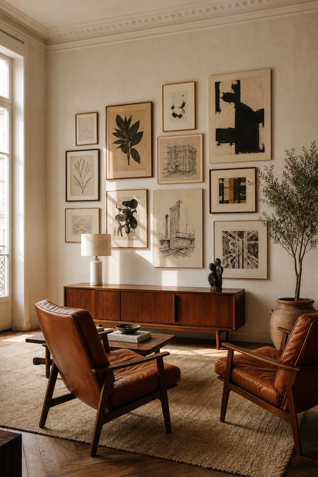 Mid century Parisian living room with a curated MCM gallery wall featuring vintage prints, sculptural frames and warm Old White walls in a French interior