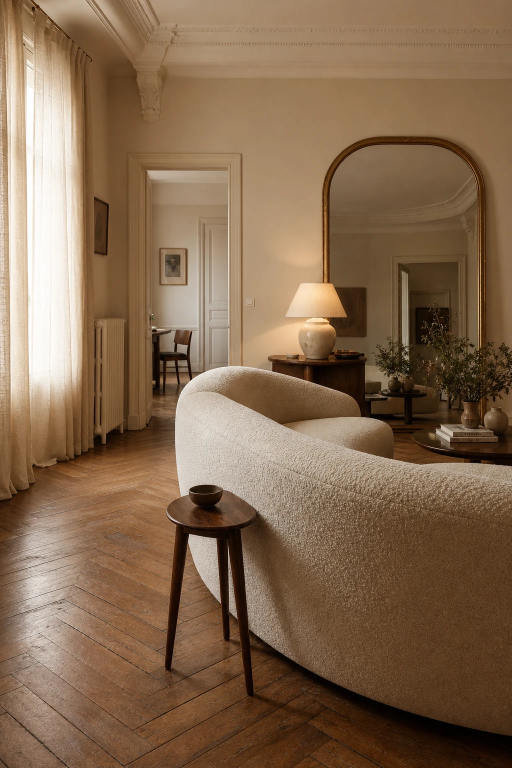 Mid century Parisian living room with a curved cream bouclé sofa as the centrepiece, warm Tallow walls, rattan side table, arched mirror and parquet floor