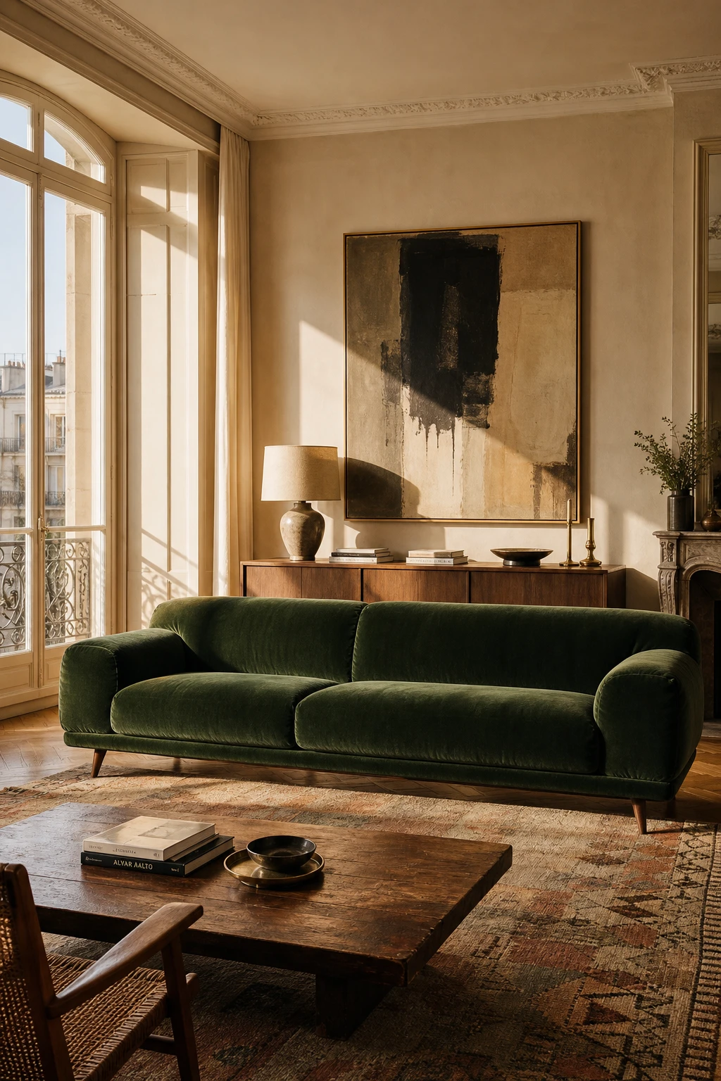 Mid century Parisian living room with a deep green velvet sofa as hero, flanked by walnut furniture, abstract art, and Farrow and Ball Vichyssoise painted walls