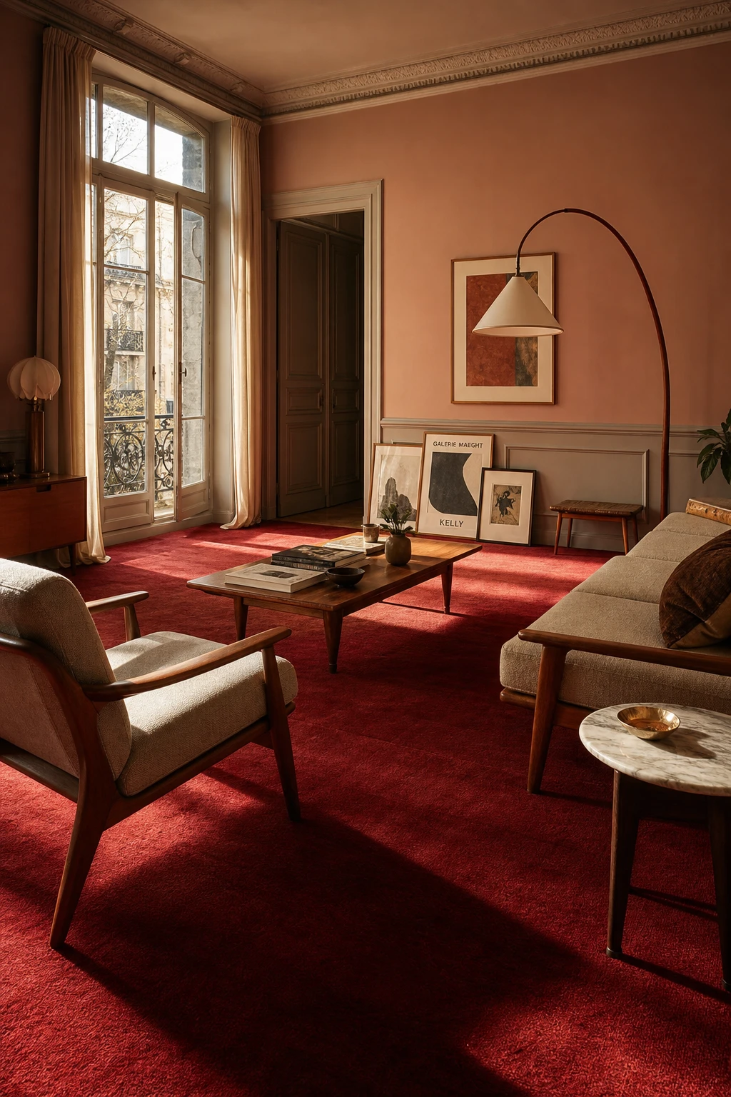 Mid century Parisian living room with a deep red wool carpet anchoring low teak furniture, herringbone parquet edges visible at room perimeter, warm afternoon light