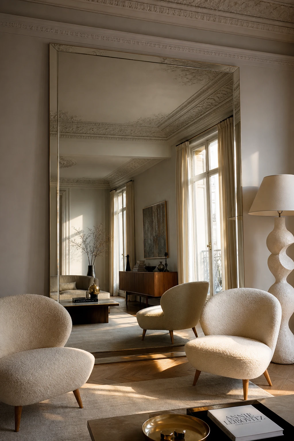 Mid century Parisian living room with a floor to ceiling mirror as the hero, reflecting warm afternoon light across cool white walls and sculptural furnishings