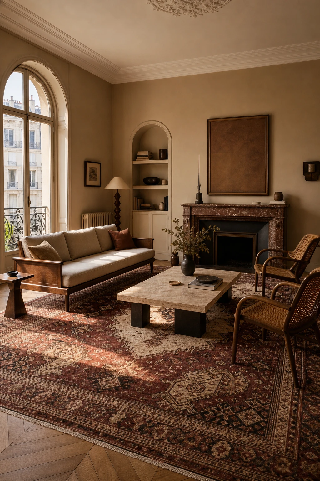 Mid century Parisian living room with a large antique Persian rug anchoring a walnut sofa and low coffee table under warm afternoon light