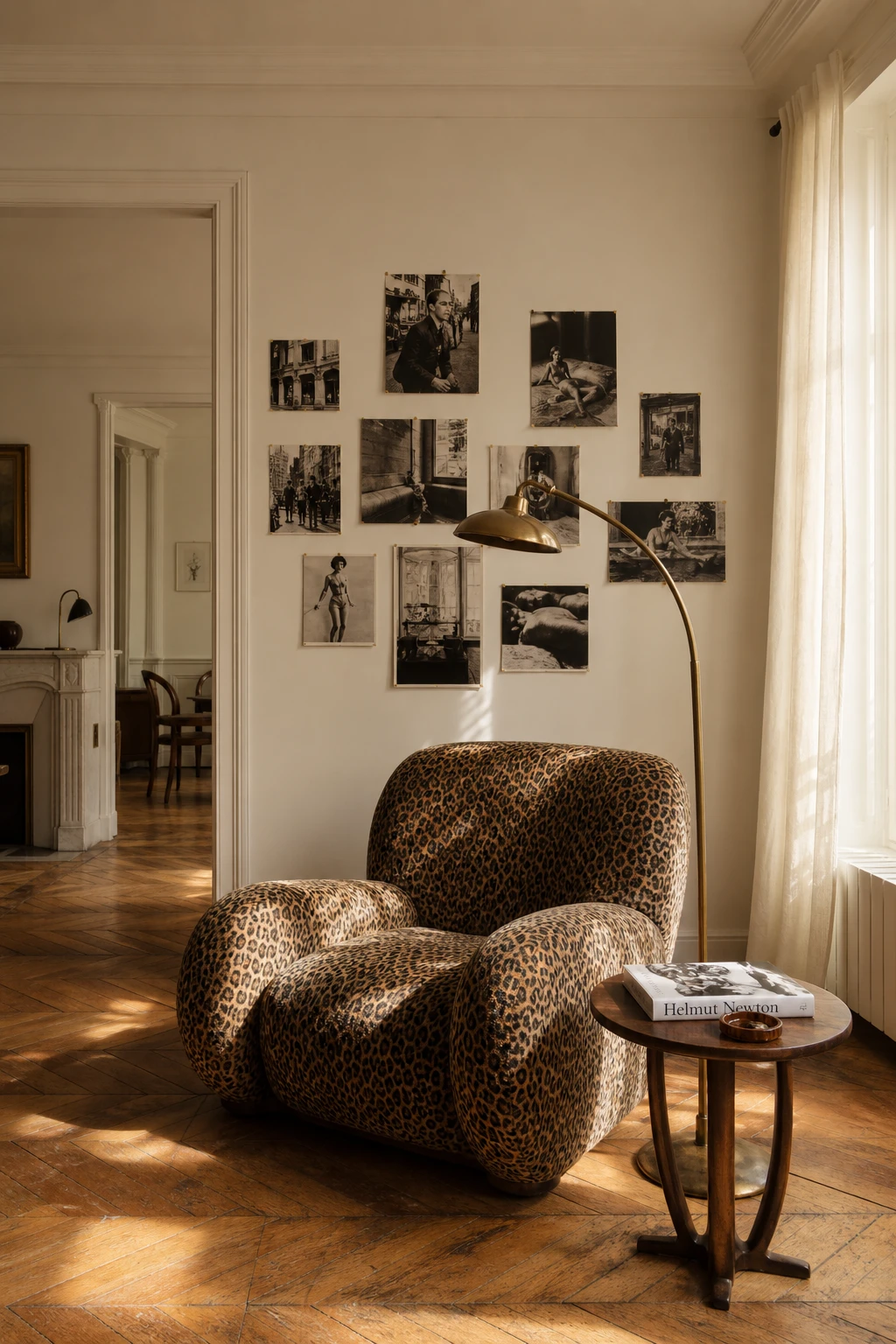 Mid century Parisian living room with a leopard print accent chair as the hero, warm white walls, parquet floor, and curated vintage details in soft afternoon light