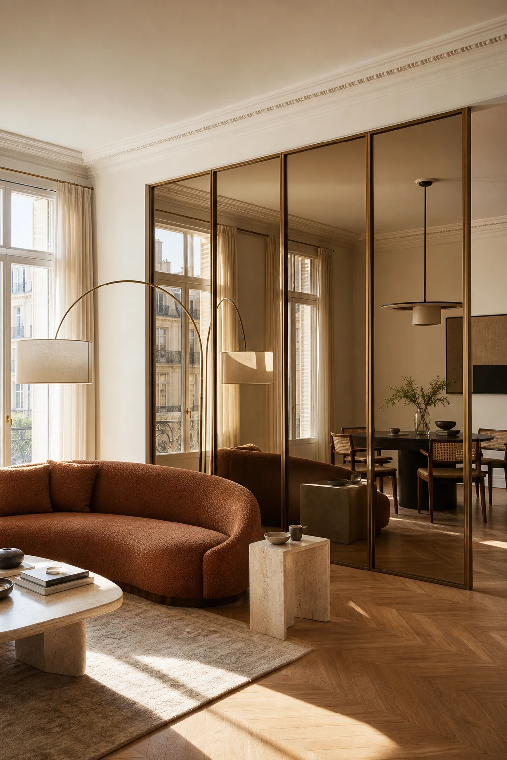 Mid century Parisian living room with a mirrored room divider as the hero, open plan space, Strong White walls, natural light, French style