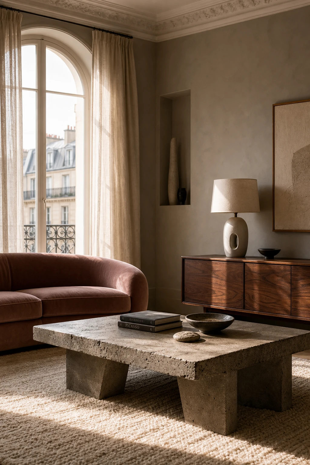 Mid century Parisian living room with a raw brutalist concrete coffee table as the hero, surrounded by velvet seating, a wool rug, and Farrow and Ball Ammonite walls