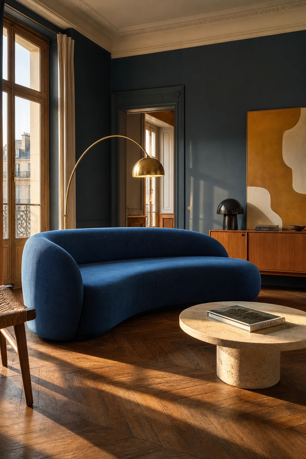 Mid century Parisian living room with a sculptural blue couch as the hero, warm parquet floor, plaster walls in Oval Room Blue, and tall casement windows