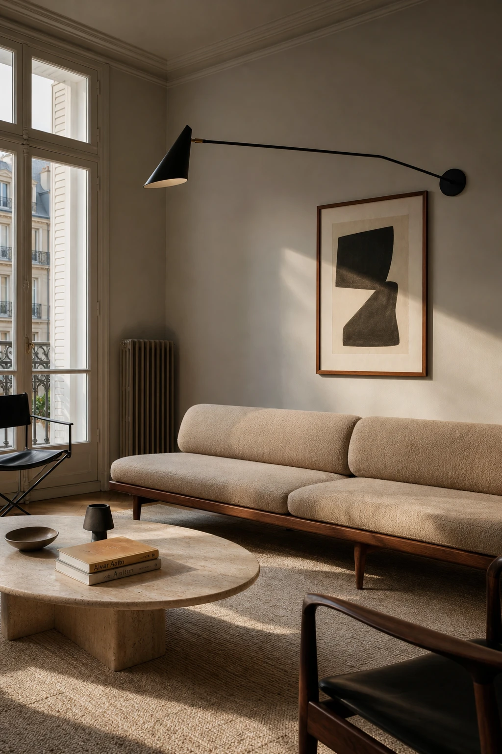 Mid century Parisian living room with a Serge Mouille style wall lamp as the sculptural focal point, cool neutral walls, and French modernist furnishings