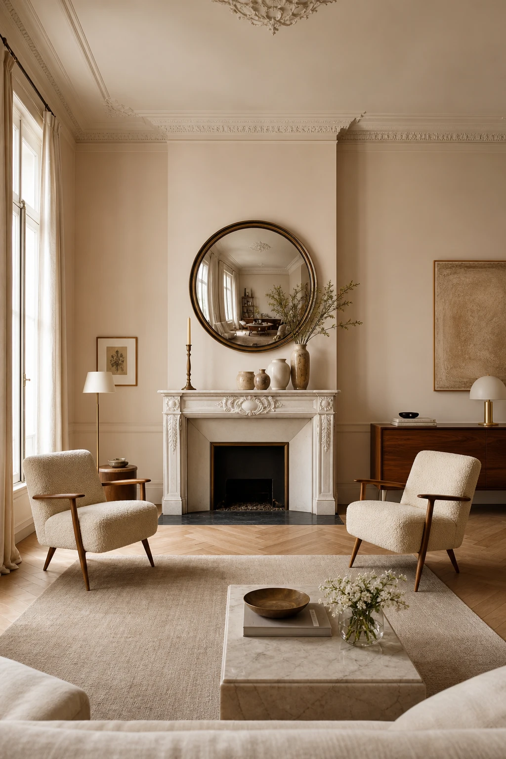 Mid century Parisian living room with a statement fireplace as the focal point, flanked by low slung furniture and warm neutral walls in a French apartment setting