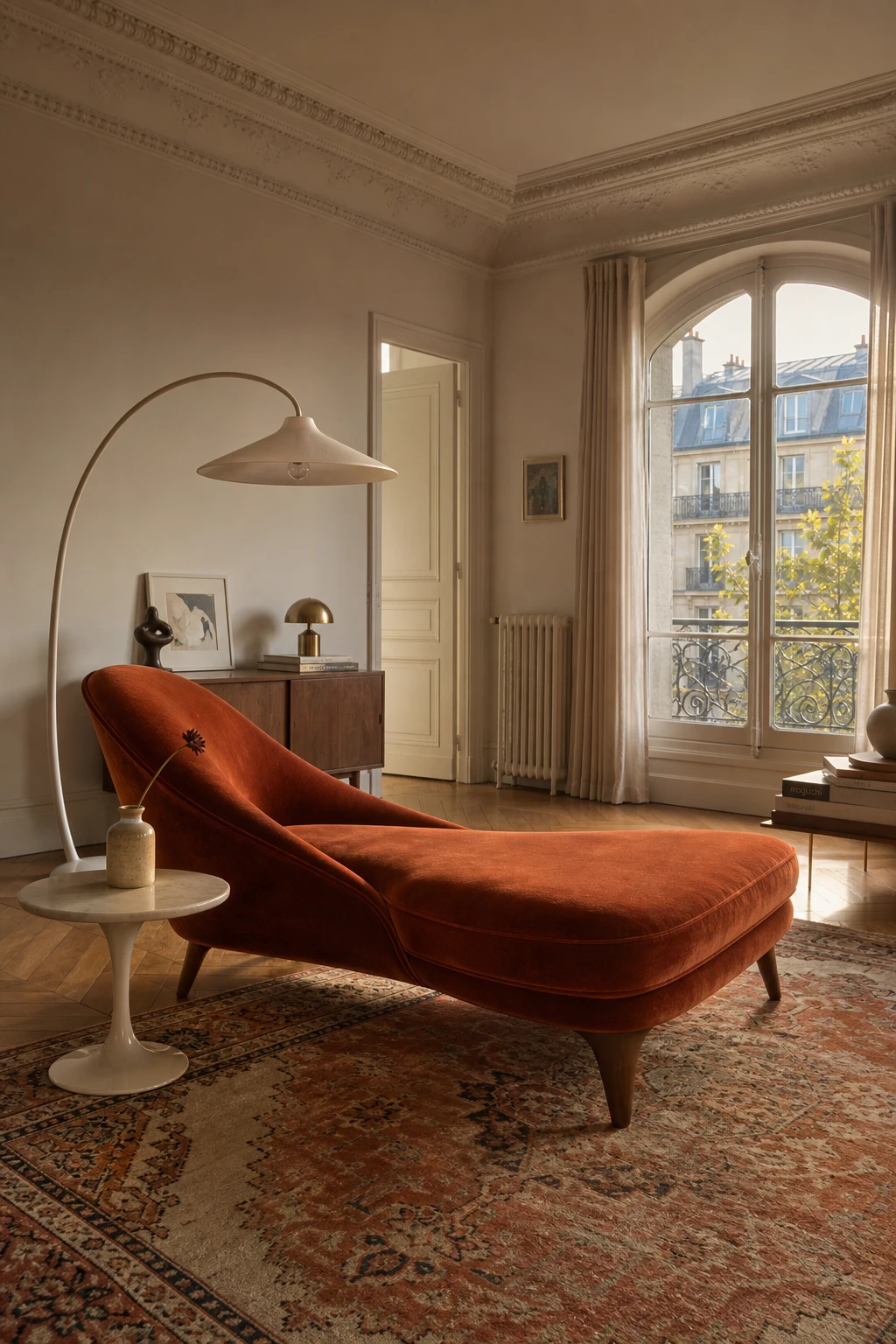 Mid century Parisian living room with a velvet chaise lounge as the focal point, warm neutral walls, herringbone parquet floor and arched window