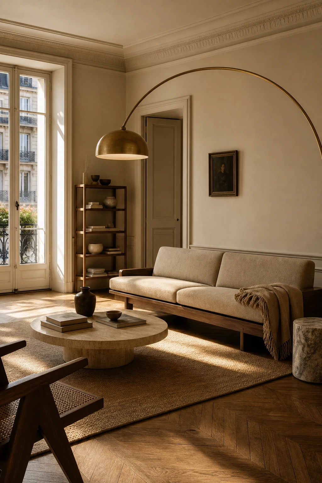 Mid century Parisian living room with an arc floor lamp as hero casting warm light over a walnut coffee table and low profile sofa in Farrow and Ball Bone walls
