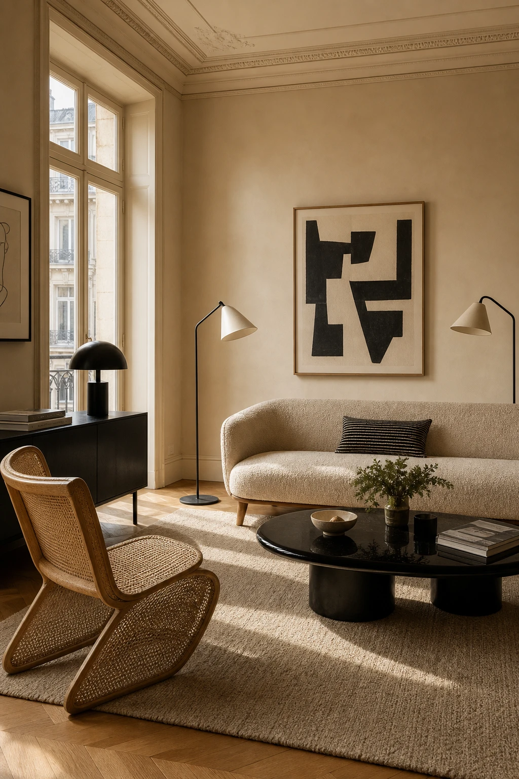 Mid century Parisian living room with beige and black contrast, warm String painted walls, tapered legs, black lacquered coffee table, and cane accent chair in soft afternoon light