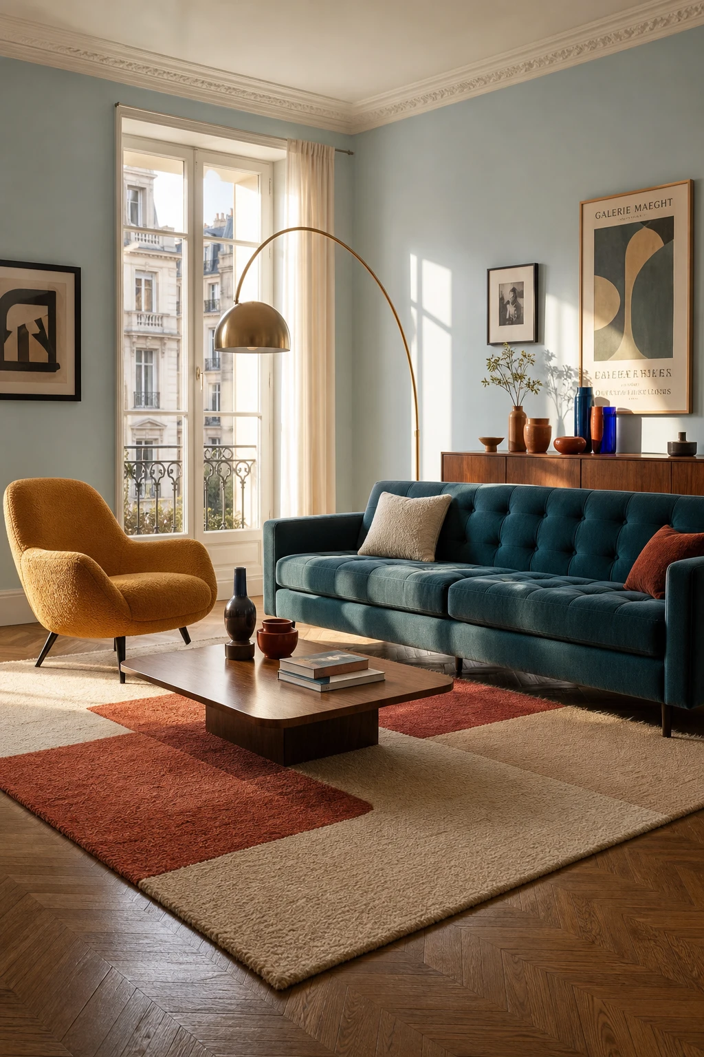 Mid Century Parisian living room with confident colour blocks including a teal sofa, mustard armchair, and Farrow and Ball Pale Powder walls bathed in afternoon light