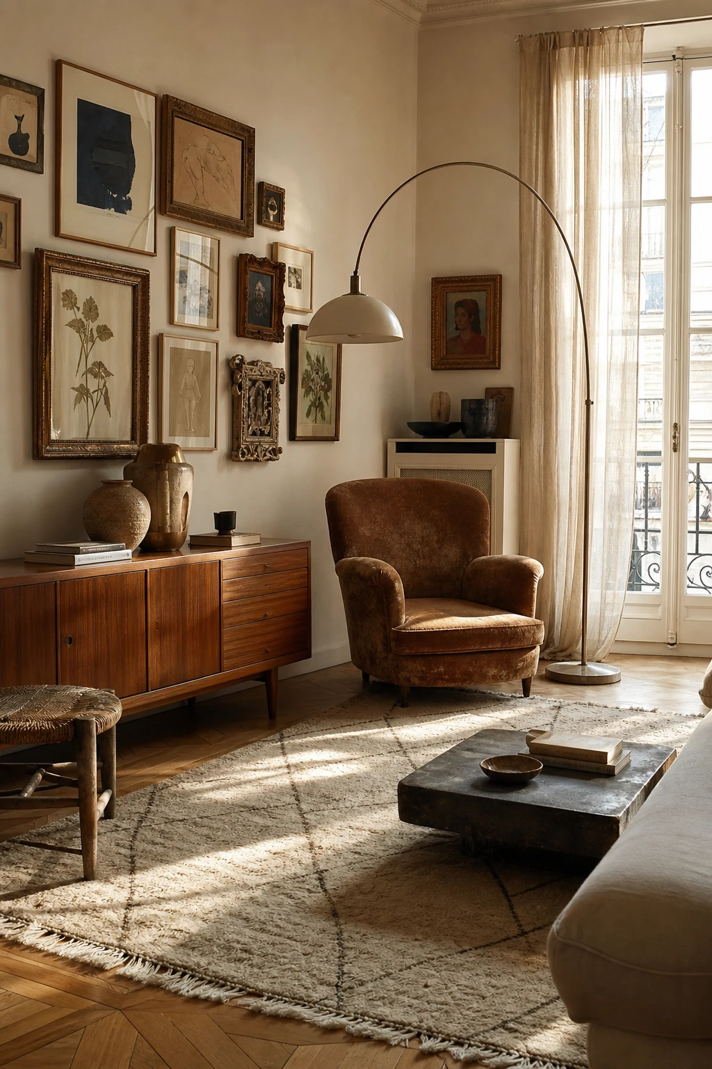Mid century Parisian living room with layered eclectic furnishings, warm white walls, vintage art, and mixed era pieces styled to feel effortlessly collected over time