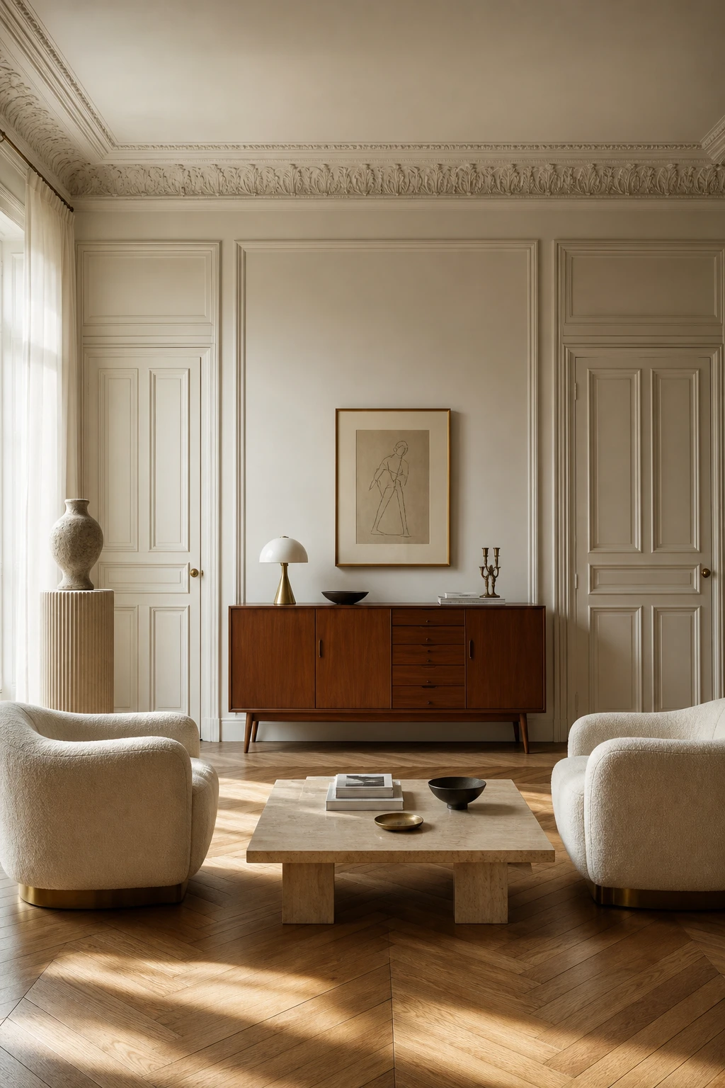 Mid century Parisian living room with neoclassical restraint, symmetrical layout, classical mouldings, warm white walls in Farrow and Ball Pointing paint