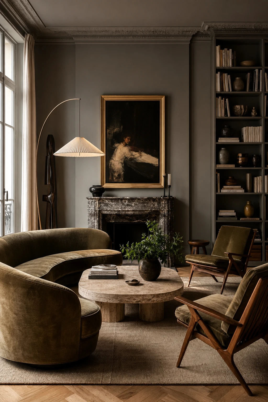 Mid century Parisian living room with no TV, centred on conversation seating, sculpted side tables, built in bookshelves and Purbeck Stone grey walls