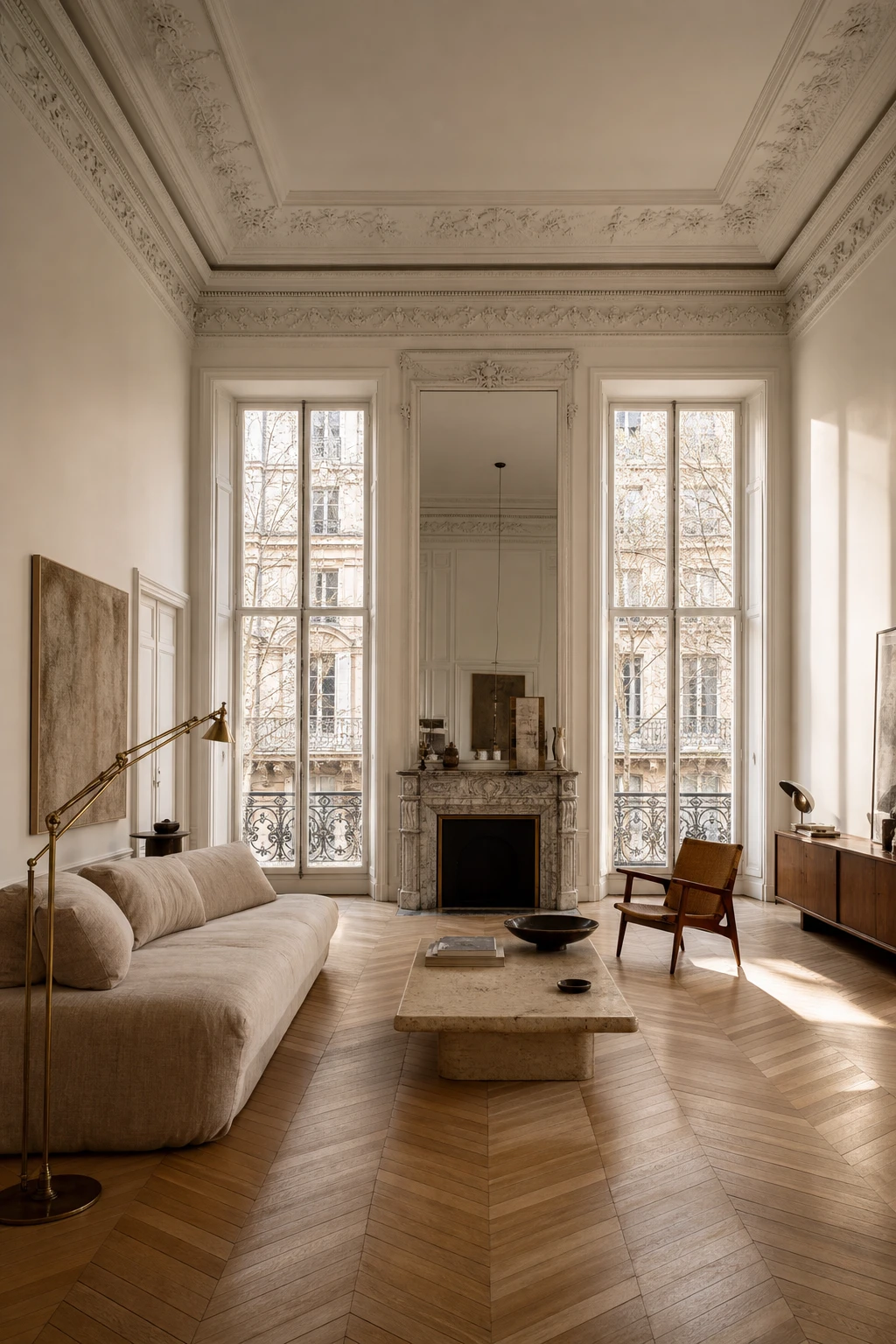Mid century Parisian living room with tall original bones, warm neutral walls, herringbone parquet, steel casement windows and a sculptural marble fireplace