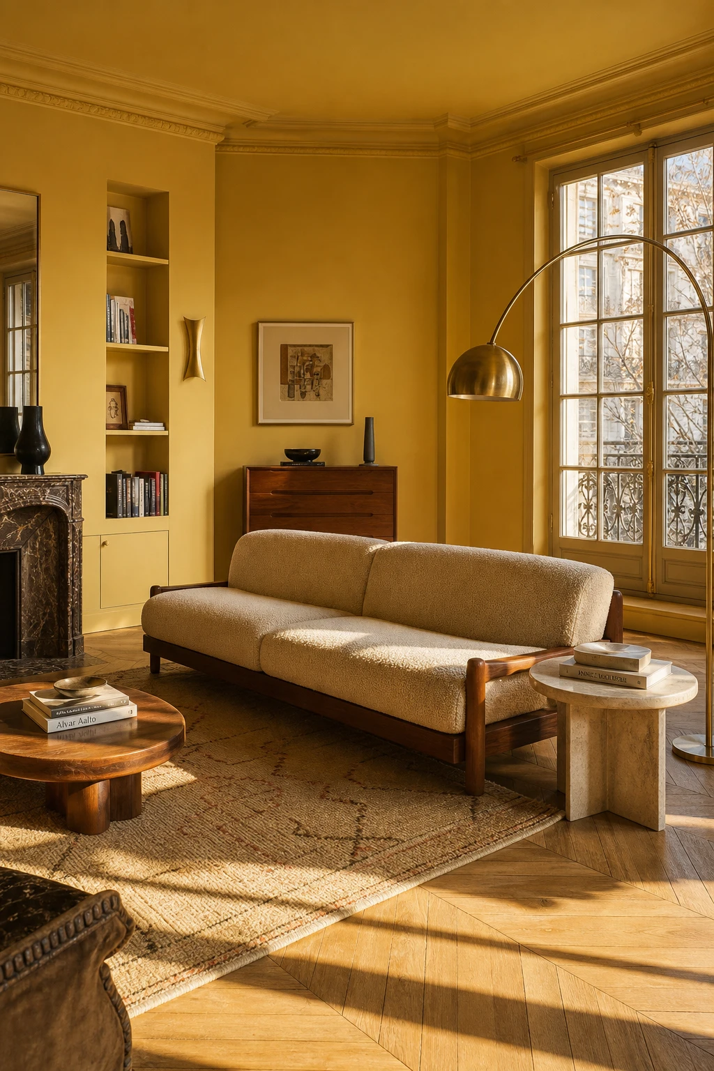 Mid Century Parisian living room with warm yellow walls bathed in soft afternoon light, featuring a low walnut sofa, brass floor lamp, herringbone parquet and steel casement windows