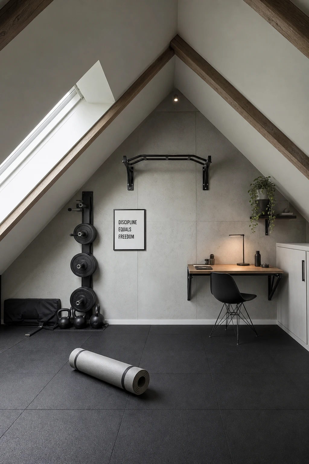 Minimalist attic gym office combo with sloped ceilings, rubber floor, and wall mounted equipment under cool white Farrow and Ball Salt painted walls