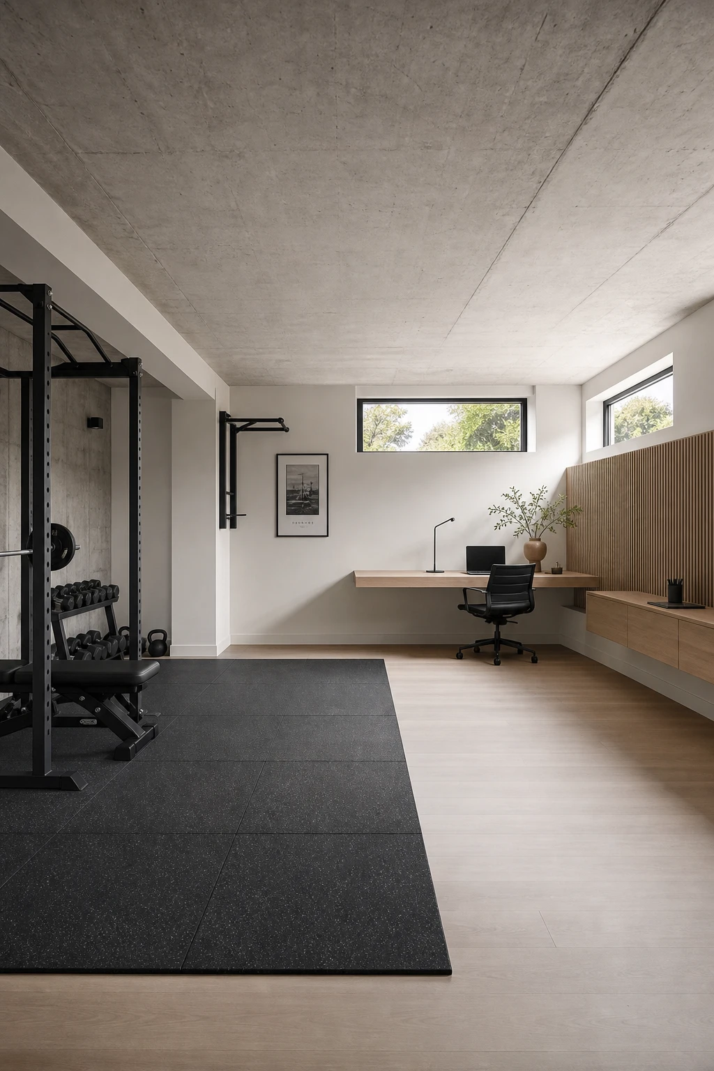 Minimalist basement conversion split between a home office and gym, warm white walls, concrete floor, natural light from egress windows, clean and uncluttered