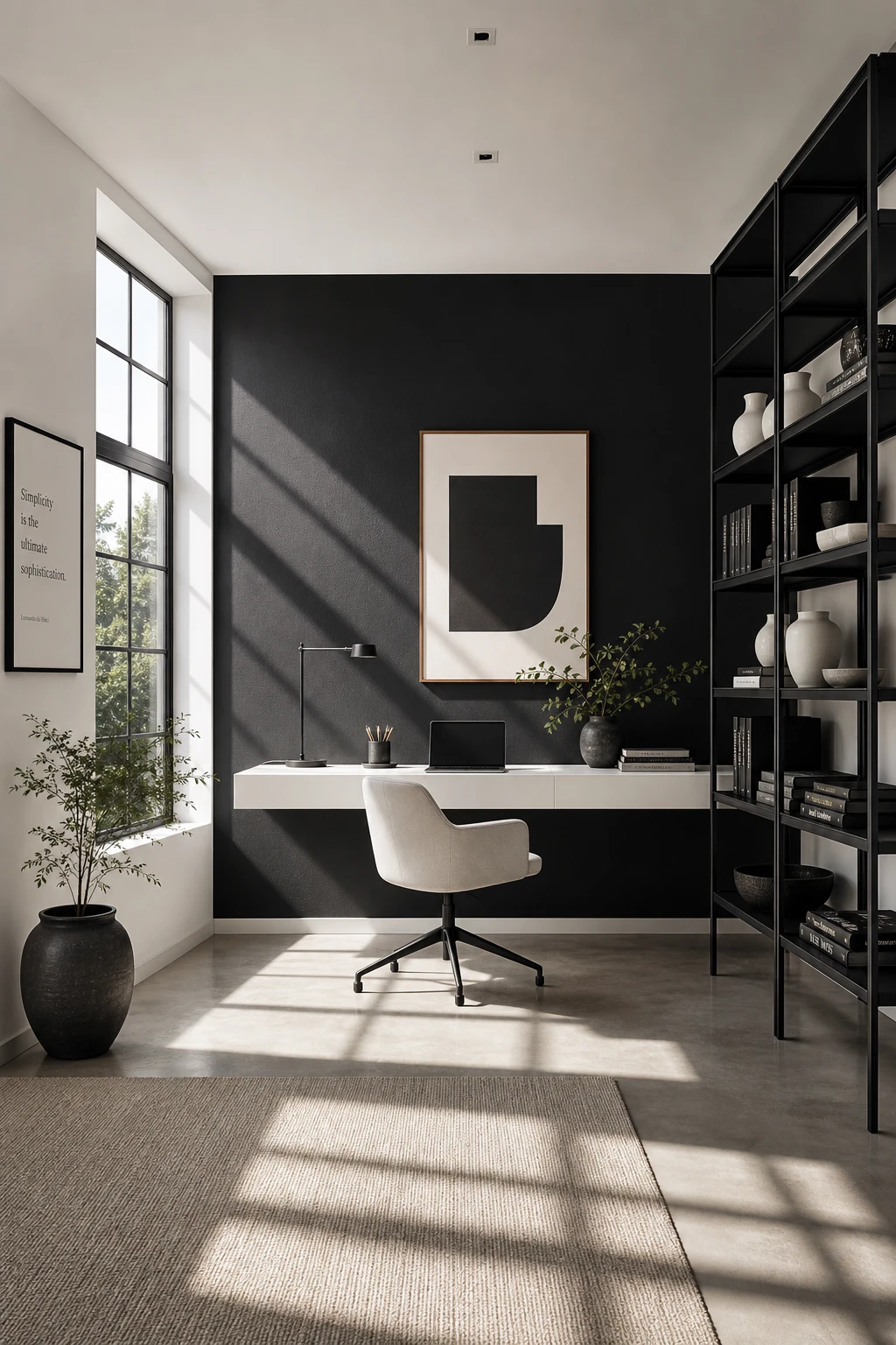 Minimalist black and white home office with strong contrast, floating white desk, black shelving, and crisp architectural lines in natural daylight