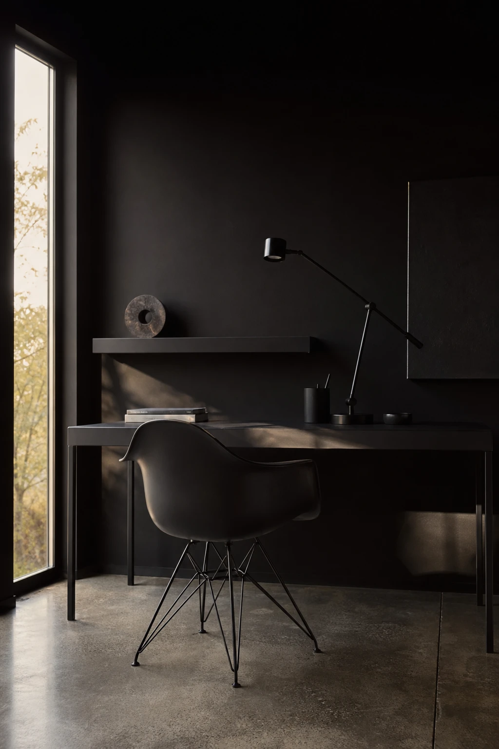 Minimalist black home office with a black Eames chair as the hero, matte black desk, concrete floor, and Farrow & Ball Pitch Black accent wall in warm afternoon light