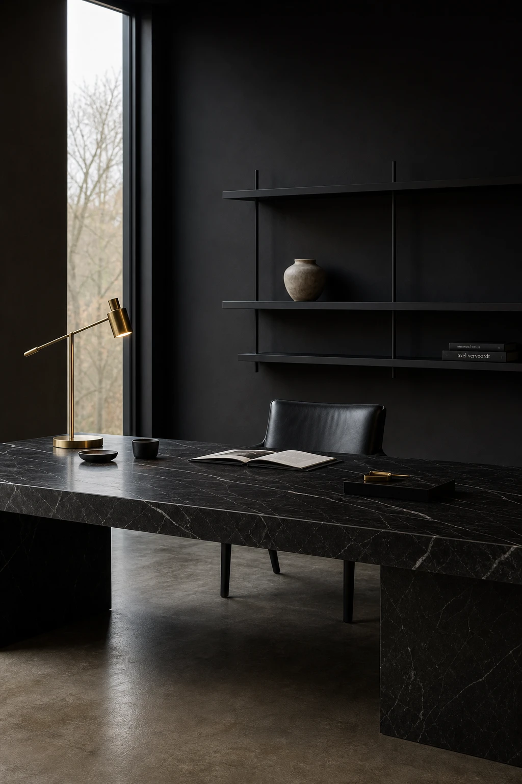 Minimalist black home office with a black marble desk surface as the hero, matte black shelving, slim task lighting, and Farrow Ball Bible Black walls