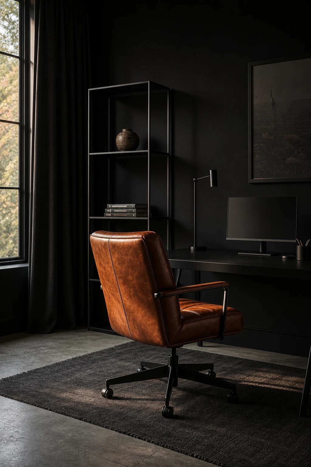 Minimalist black home office with a brown leather chair as the focal point, dark walls, slim desk, and warm afternoon light from a side window