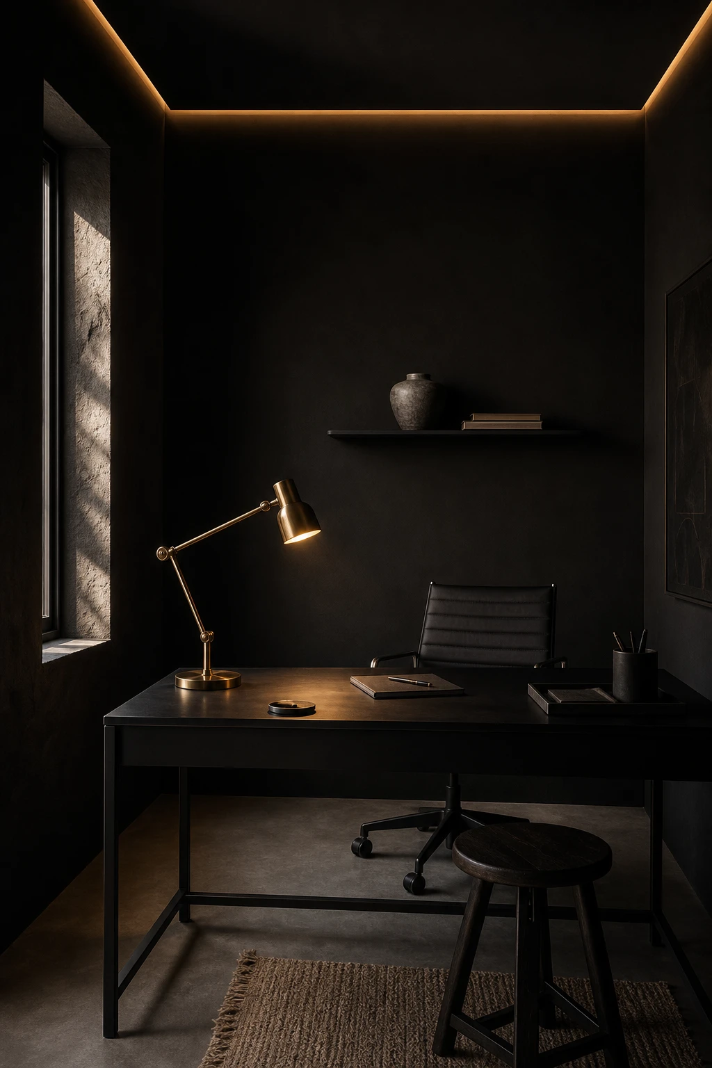 Minimalist black home office with a focused task light as hero, matte black desk, slim shelving, and Farrow and Ball Paean Black walls in warm afternoon light