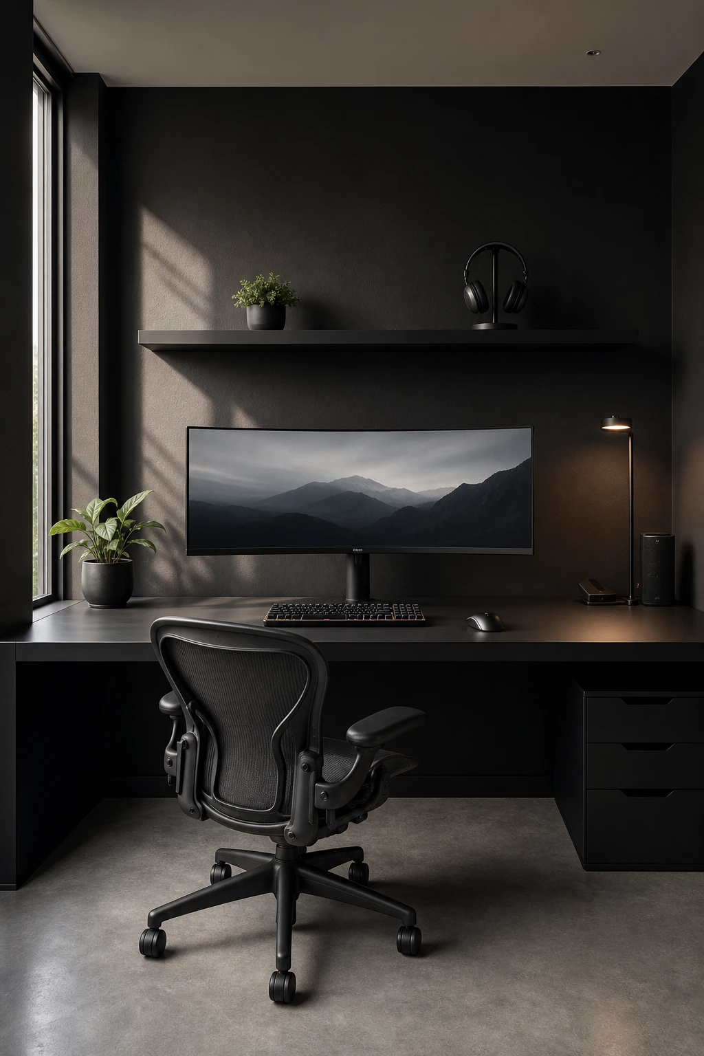 Minimalist black home office with a sleek gaming desk setup, ultrawide monitor, hidden cables, black hardware, and Farrow & Ball Off Black painted walls