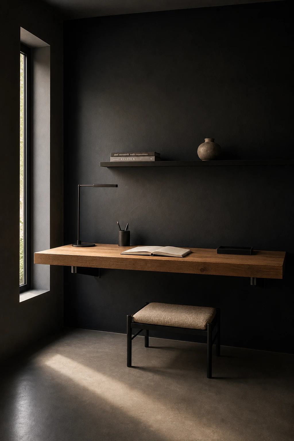 Minimalist black home office with a wall mounted floating desk in Bible Black, open floor beneath, slim shelving above, and warm side lighting