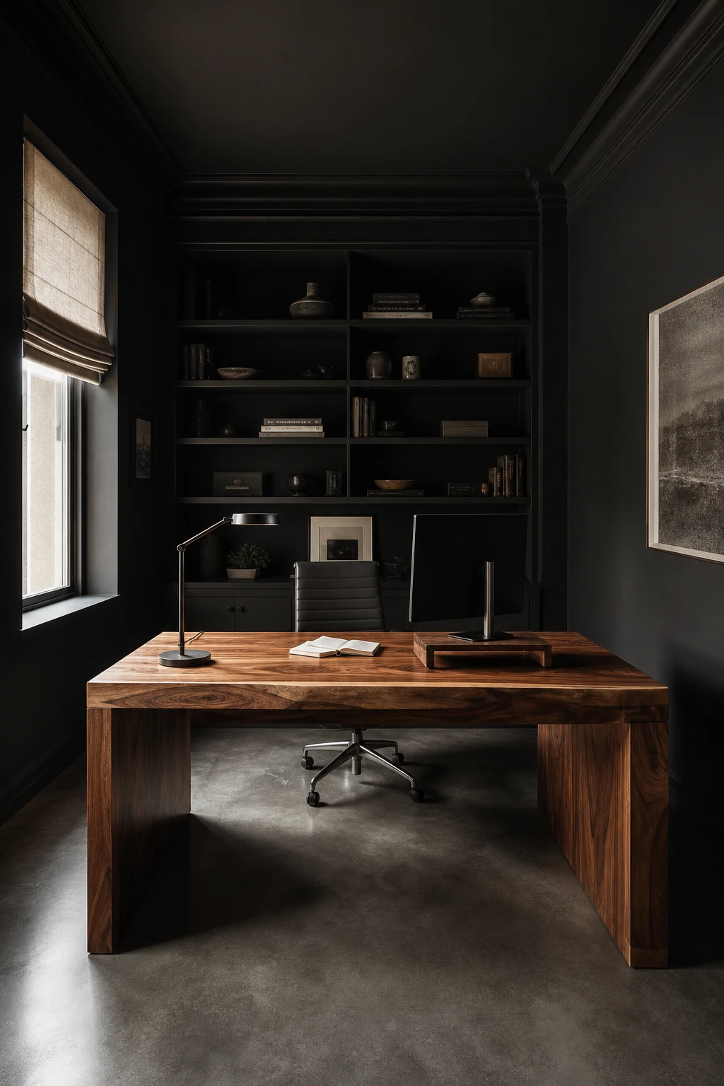 Minimalist black home office with a walnut desk as the focal point, black walls painted in Farrow and Ball Off Black, and warm natural light