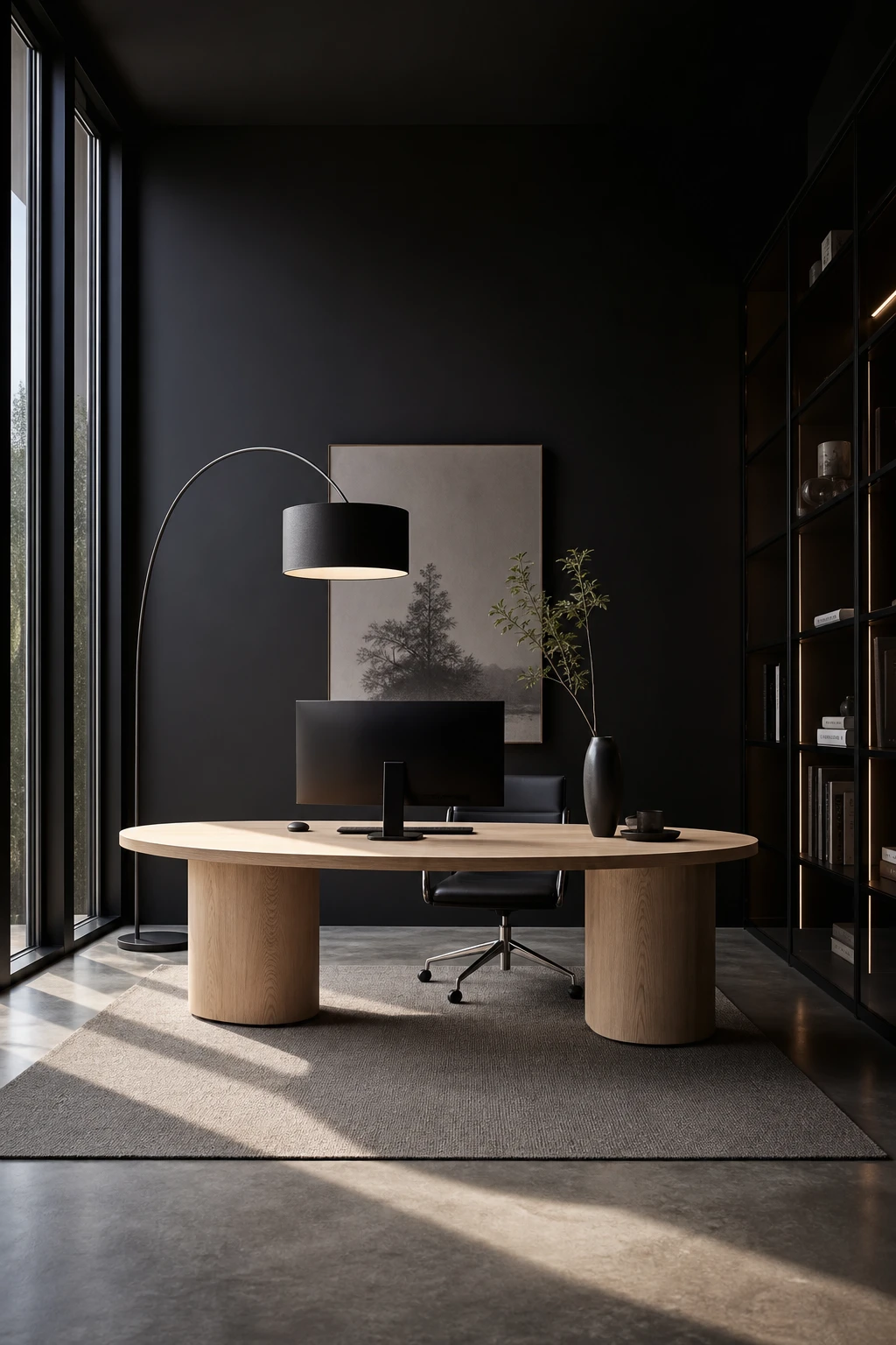 Minimalist black home office with an oval desk as the focal point, matte black walls, natural light, and clean architectural lines