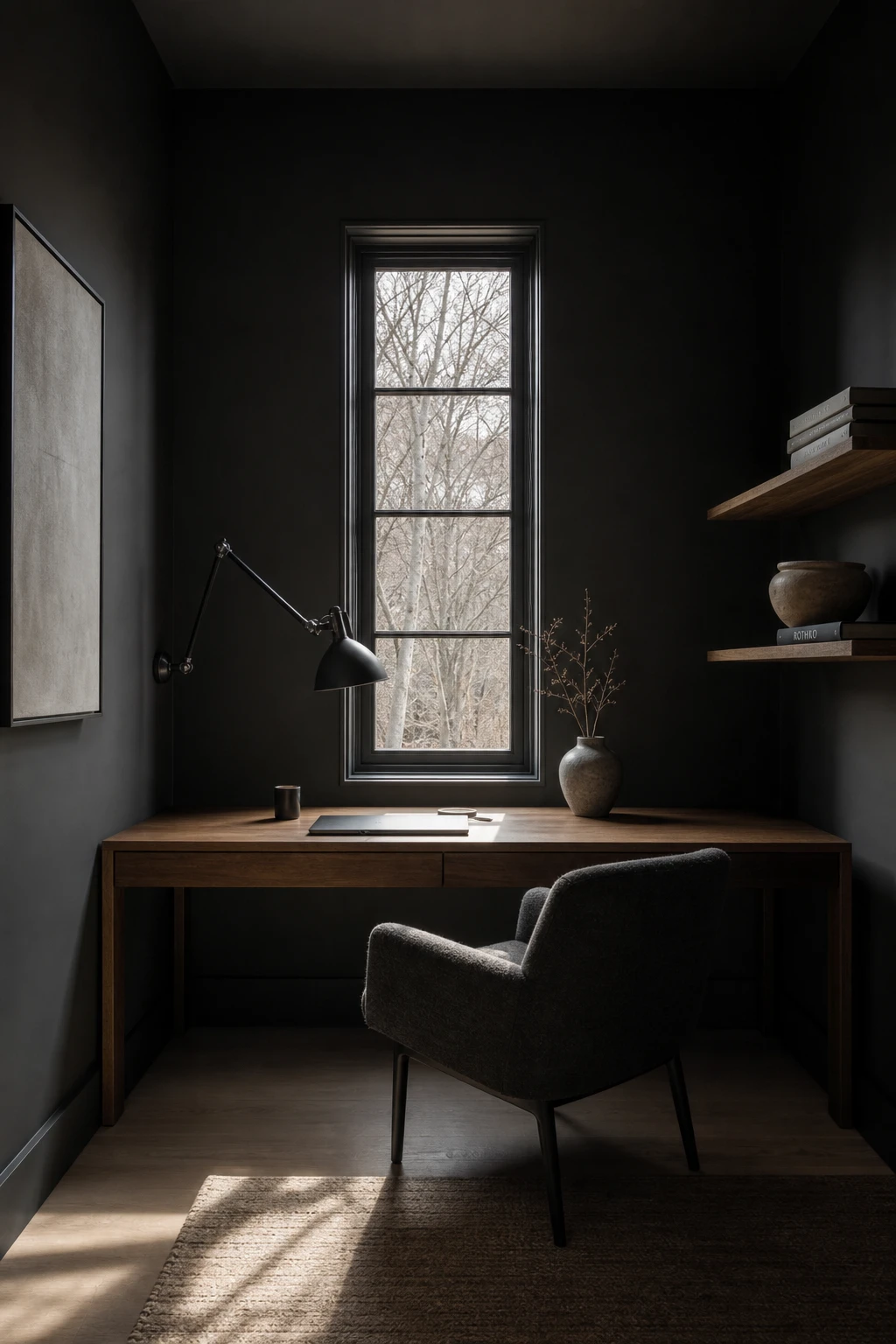Minimalist black home office with charcoal walls painted in Farrow and Ball Down Pipe anchoring a focused desk workspace in dramatic natural light