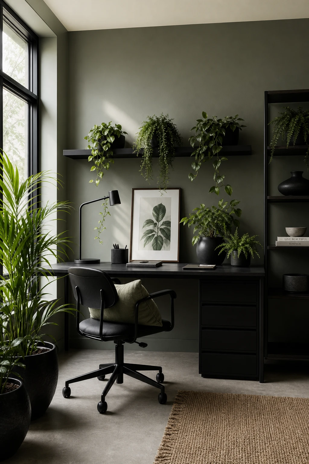 Minimalist black home office with green accents including potted plants and sage cushion, Farrow and Ball Mizzle painted wall, natural light, magazine quality