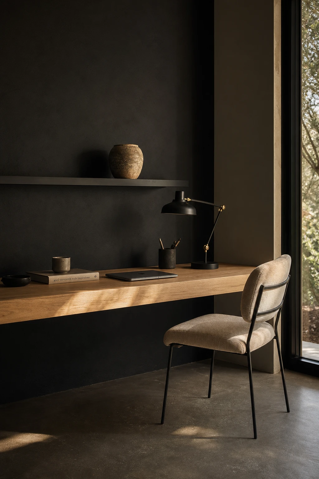 Minimalist black home office with light wood desk and shelving, matte black walls in Farrow and Ball Off Black, warm afternoon light, magazine quality interior photography