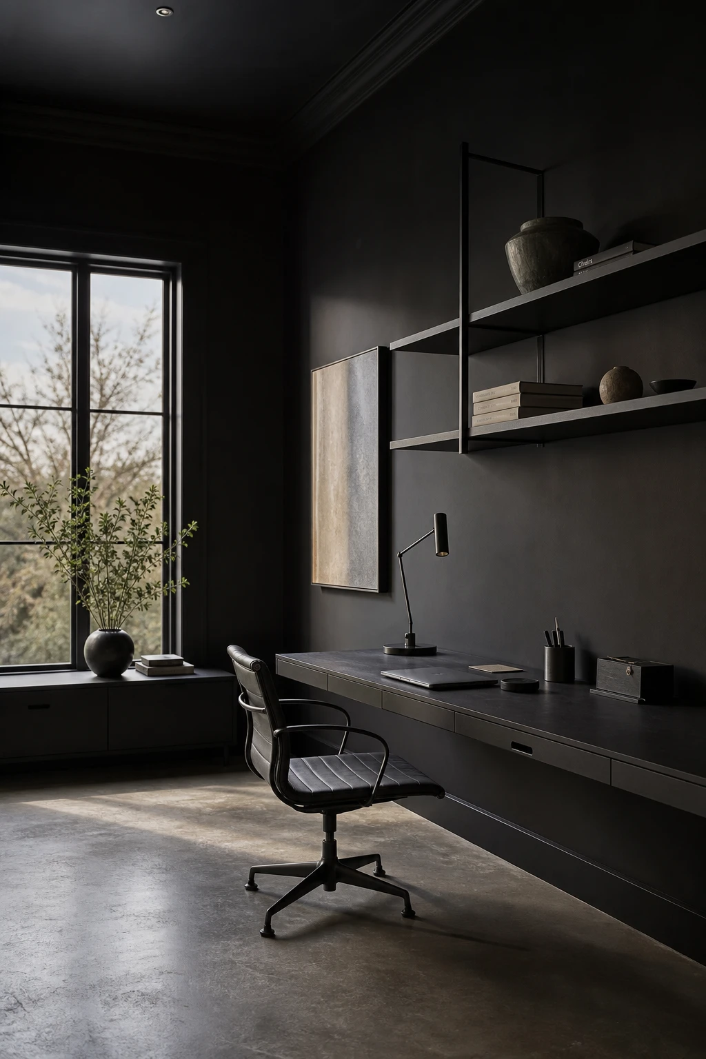 Minimalist black home office with matte black desk and shelving, Farrow and Ball Pitch Black walls, natural light from a tall window, clean architectural lines