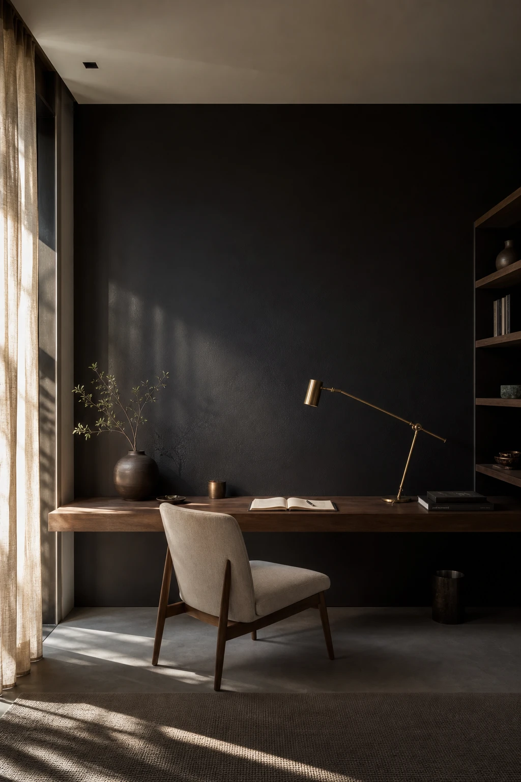 Minimalist black home office with one full black wall as the hero, floating desk, concrete floor, linen curtains, and warm afternoon side light