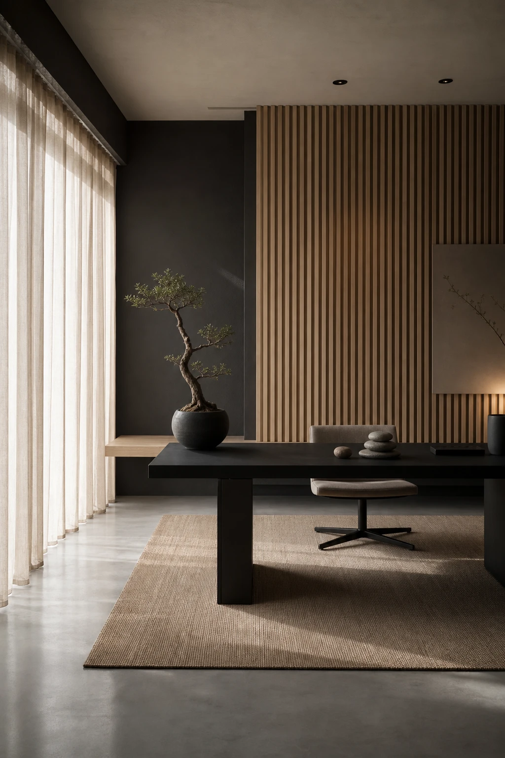 Minimalist black home office with zen calm atmosphere, negative space, natural textures, and Farrow and Ball Grate Black walls bathed in soft morning light