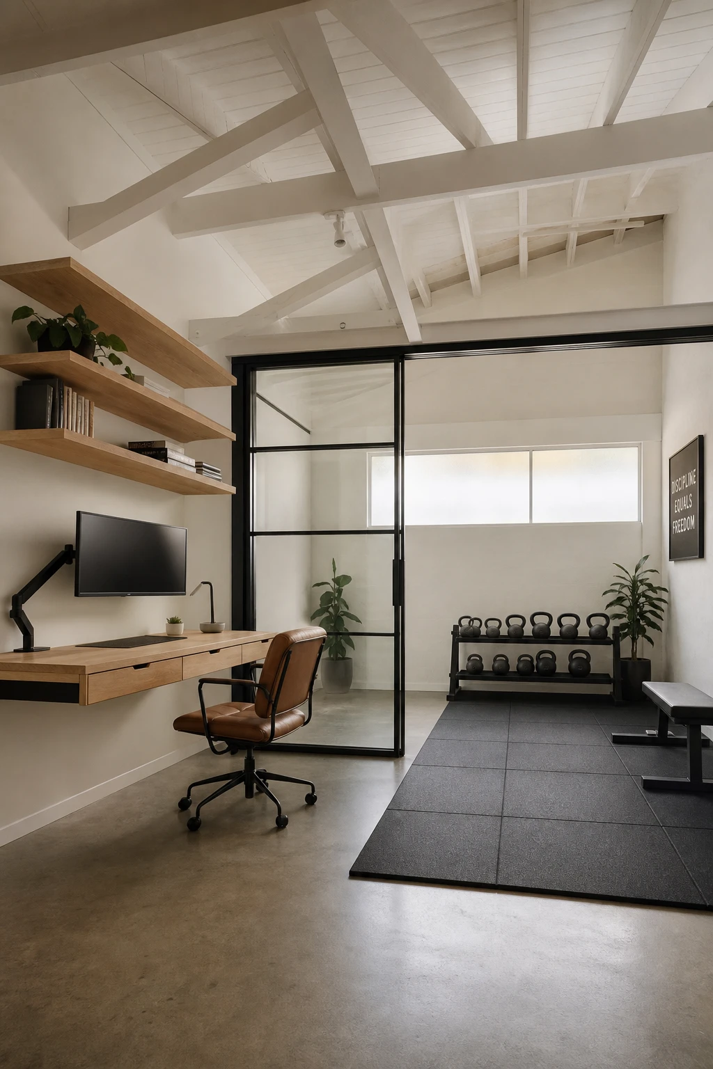 Minimalist garage conversion home office gym combo with polished concrete floor, white walls, wall mounted desk, and rubber flooring zone under natural light
