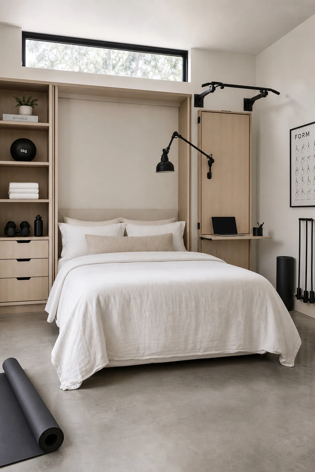 Minimalist home office gym combo converted for overnight guests, with a wall bed closed to reveal a calm warm white room serving three purposes seamlessly