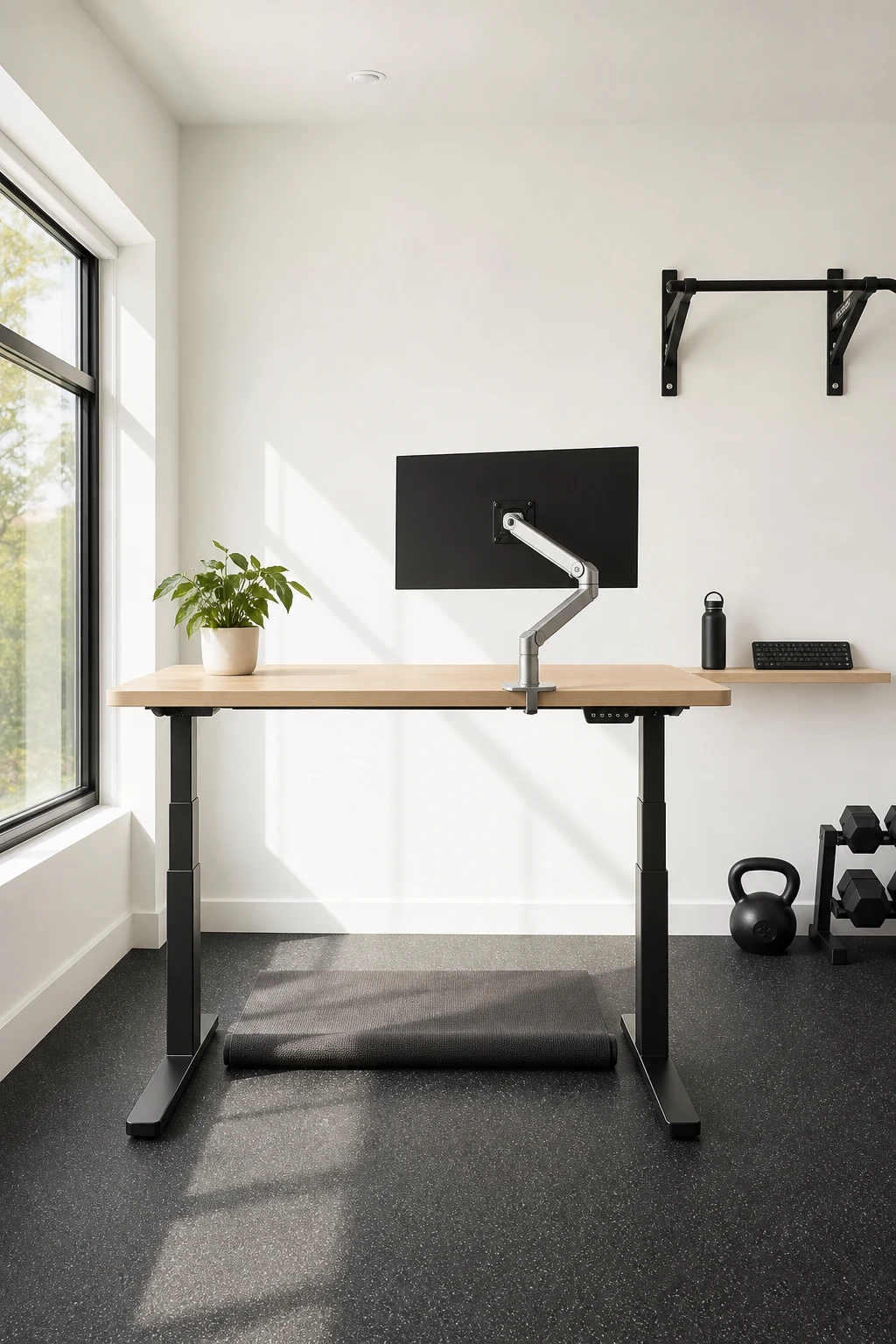 Minimalist home office gym combo featuring a standing desk as the hero, pale white walls, rubber flooring, and clean open space with natural light