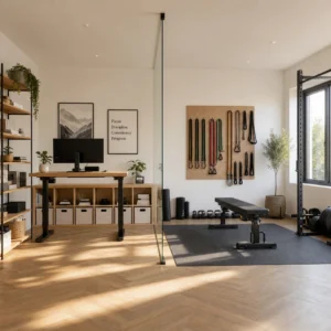 Minimalist home office gym combo with oak standing desk, glass partition, pegboard wall, herringbone wood floor, and open rubber mat workout zone in soft late morning light.