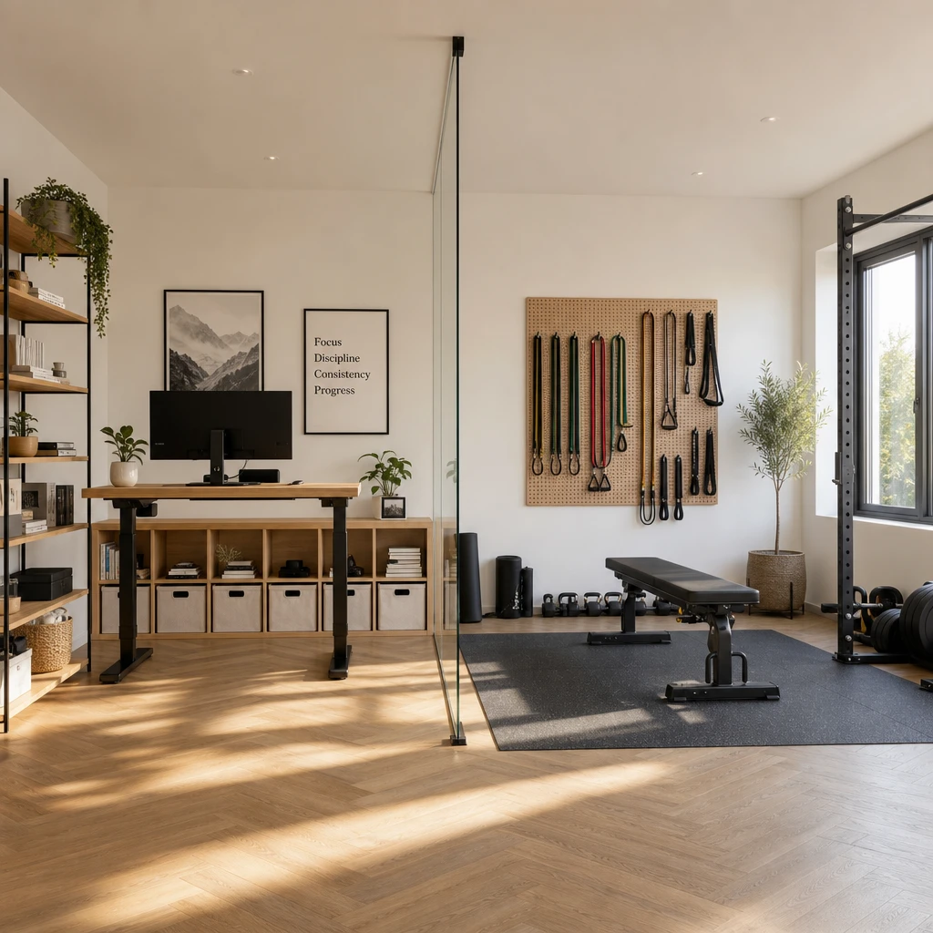 Minimalist home office gym combo with oak standing desk, glass partition, pegboard wall, herringbone wood floor, and open rubber mat workout zone in soft late morning light.