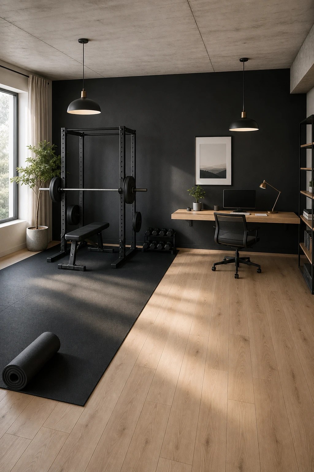 Minimalist home office gym combo showing a clear floor plan layout with distinct work and exercise zones separated by open floor space in a pale room